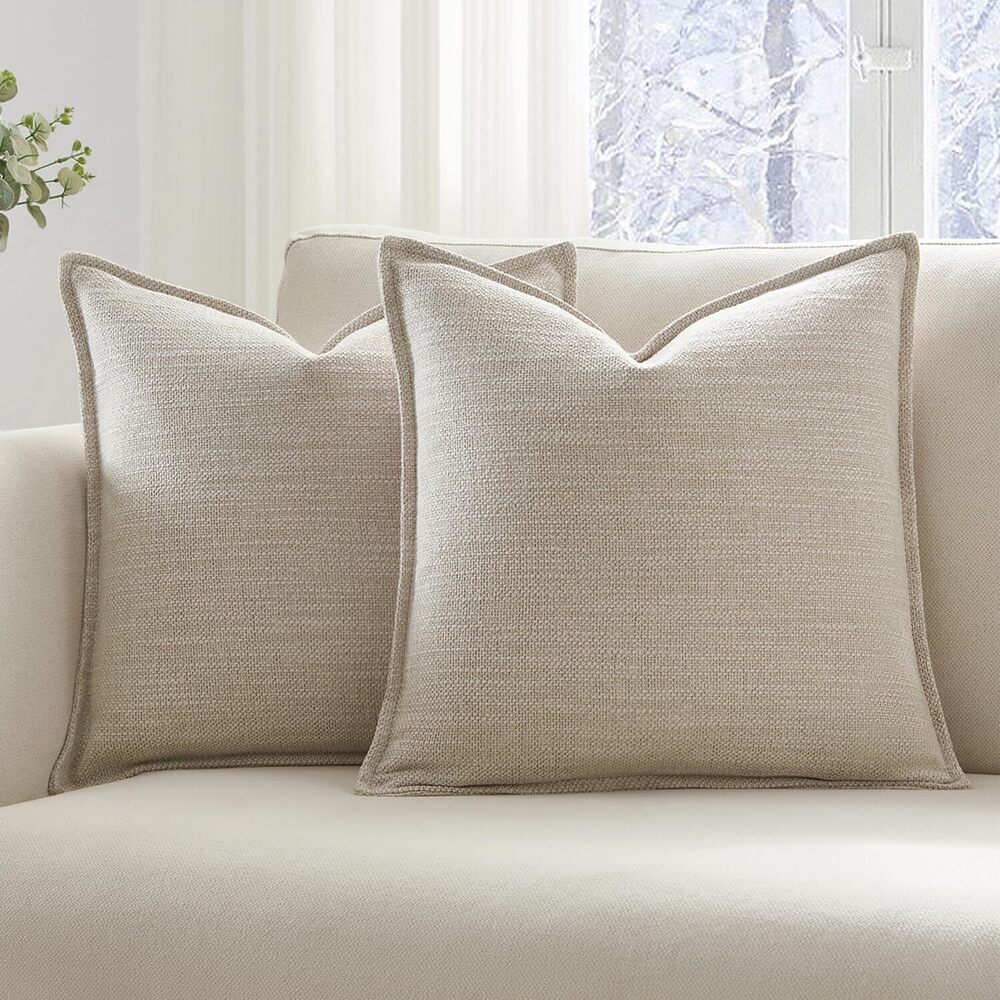 2442 Set of 2 Linen Beige Pillow Covers 22x22, Linen Look Throw Pillow